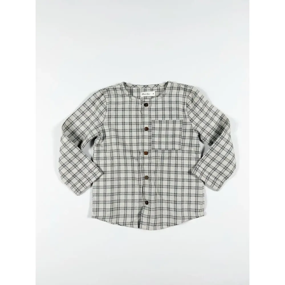 Oliver & Rain Plaid Collarless Button Down Shirt Cream Gray Size 2